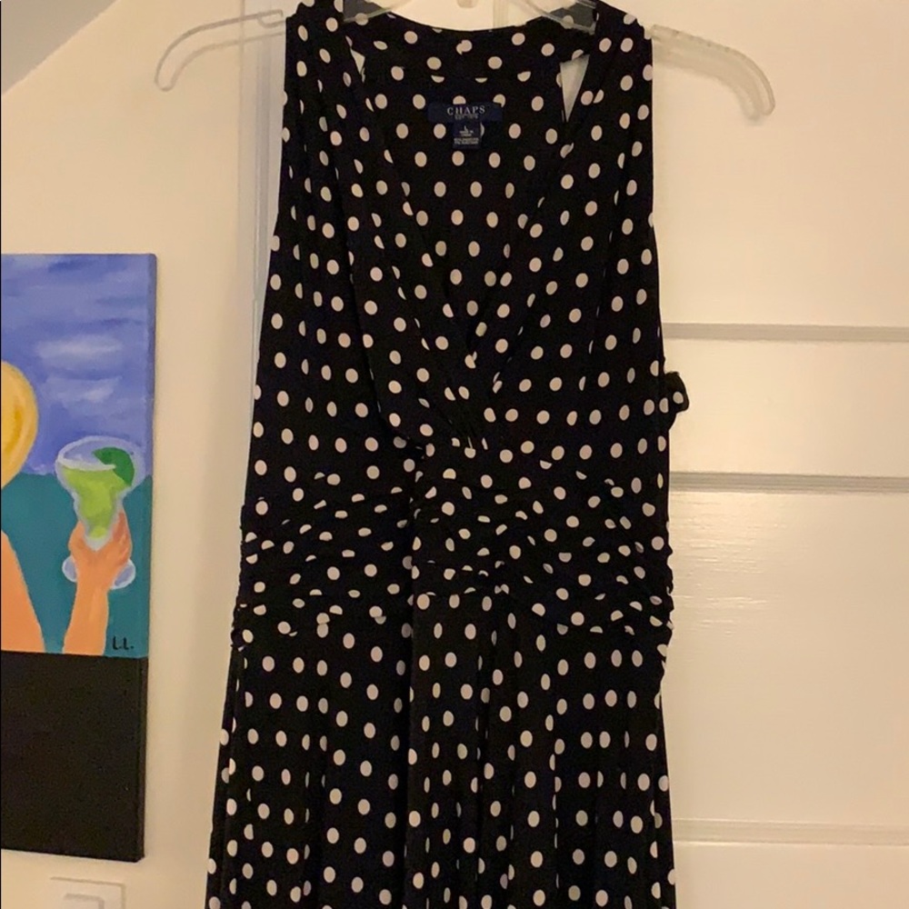 Navy blue polka dot midi dress with ruched mid